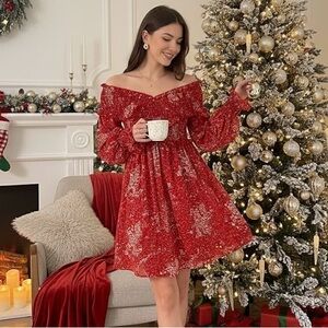SHEIN Winter Wonderland Elegant Flowy Rich Red Off-Shoulder Ruched Mini Dress L